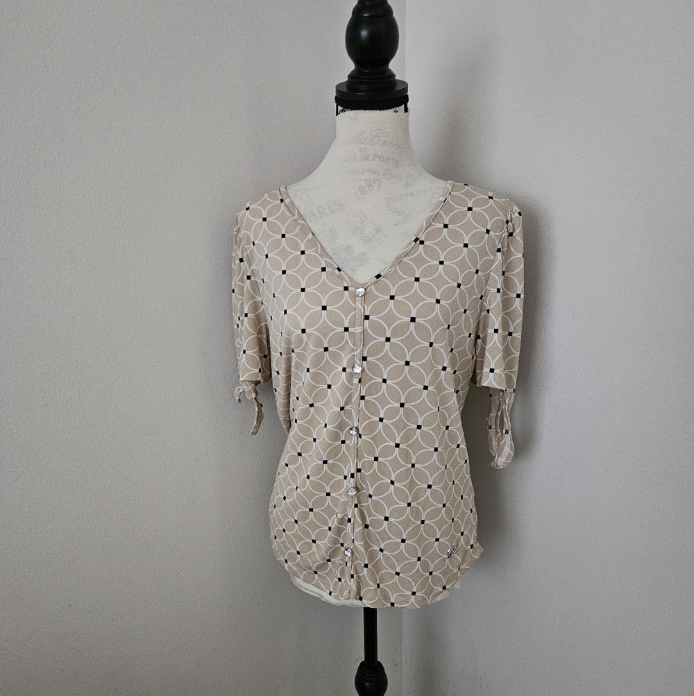 🧡Adrienne Vittadini Beige Patterned stretchTop short sleeves size large 🧡